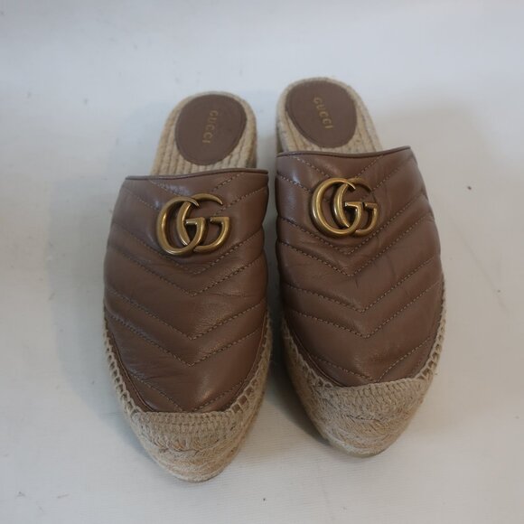 Authentic Gucci Marmont Taupe Leather GG Espadrille Flat Platform Mule 39 US/8.5 - Picture 8 of 14